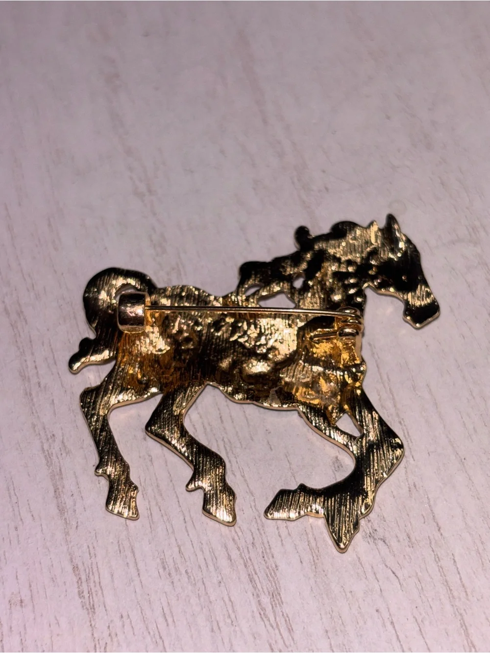 Gold Tone Enamel Horse Brooch w/ Rhinestones | Teal Statement Pin - Picture 3 of 3